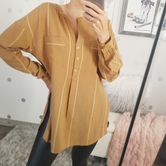 Fall Mustard Stripe Tunic Shirt Leggings Button Up Top Women’s Long Tops - Picture 5 of 8